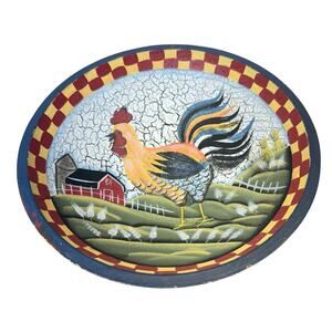 Hand Painted Rooster Wood Bowl Vtg Decorative Primitive Farmhouse Barnyard 8"